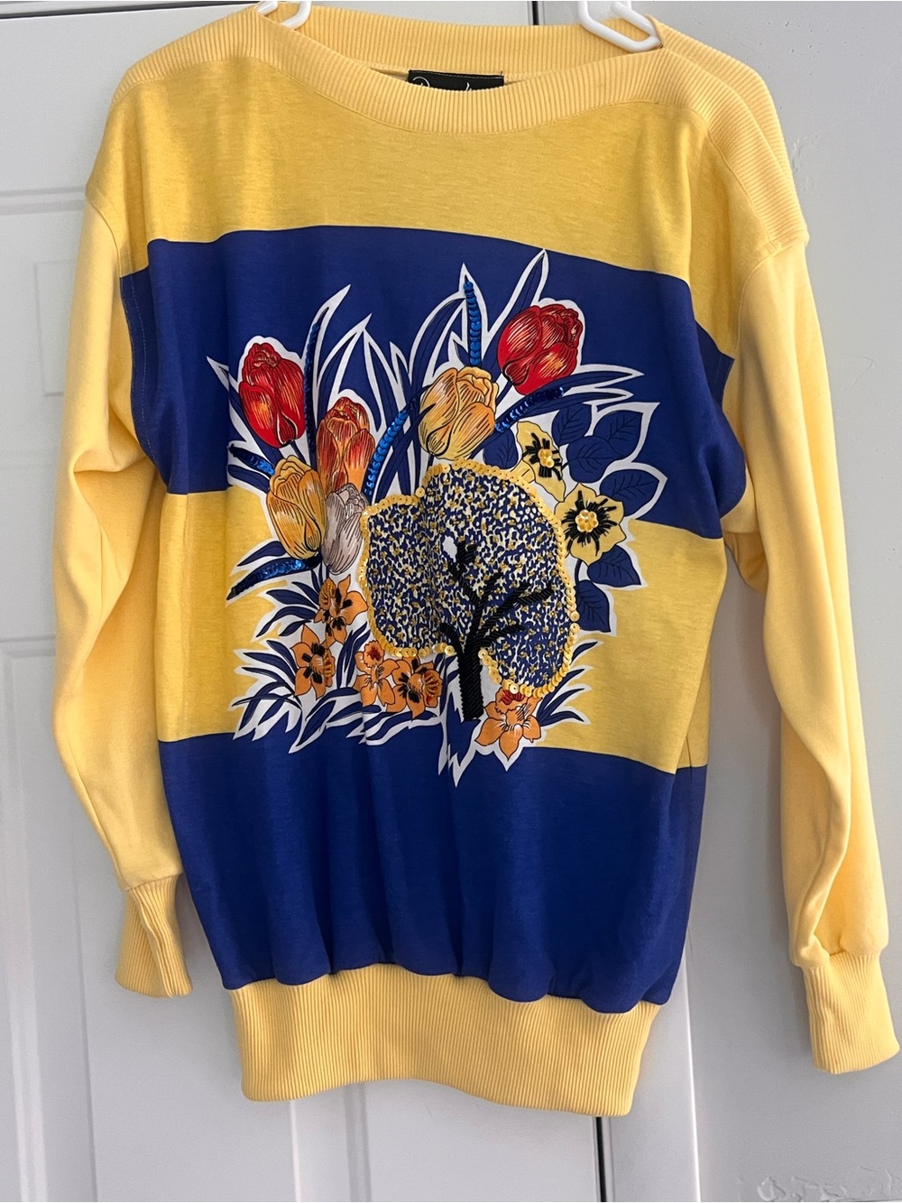Vintage Richard Martin Floral Stripe Crewneck Sweater in Yellow & Blue